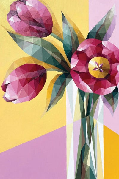 Maria Tuzhilkina: Still Life With Pink Tulips On A Yellow Background, Tulips In A Vase, Geometric Flowers, Daphomine Decor, Tulip Print by Maria Tuzhilkina