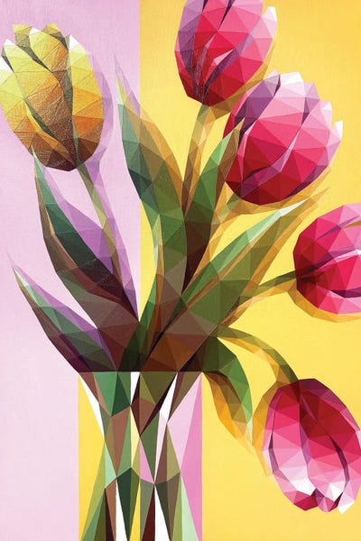Celery - Canvas Prints: Geometric Pink And Yellow Tulips In A Vase by Maria Tuzhilkina