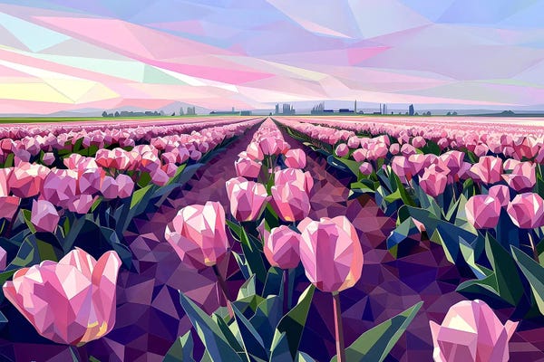 Maria Tuzhilkina: Field Of Pink Tulips At Sunset by Maria Tuzhilkina