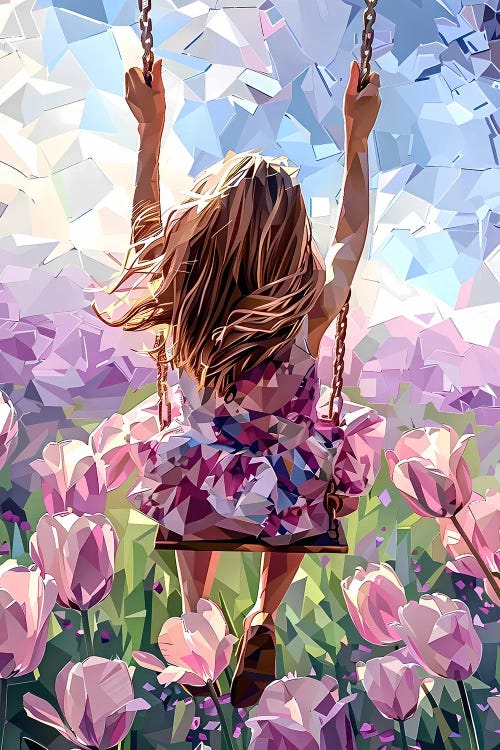 Girl On A Swing In A Pink Tulip Field