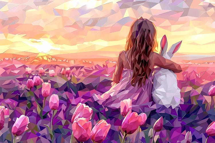 Girl With A White Rabbit At Sunset In A Tulip Field