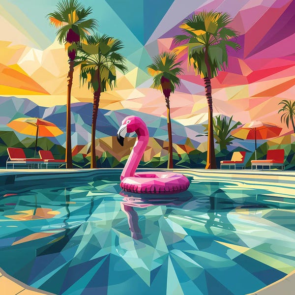 Fine Art Print: Pink Flamingo In The Swimming Pool by Maria Tuzhilkina