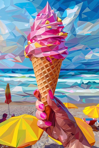 Umbrellas: Pink Ice Cream On The Beach by Maria Tuzhilkina