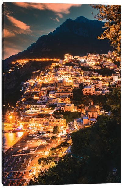 Positano At Night Canvas Art Print - Amalfi Coast Art