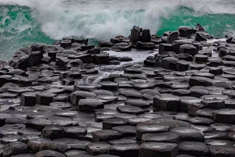 Waves Crashing Into Basalt At The Giant'S Causeway In County Antrim, Northern, Ireland