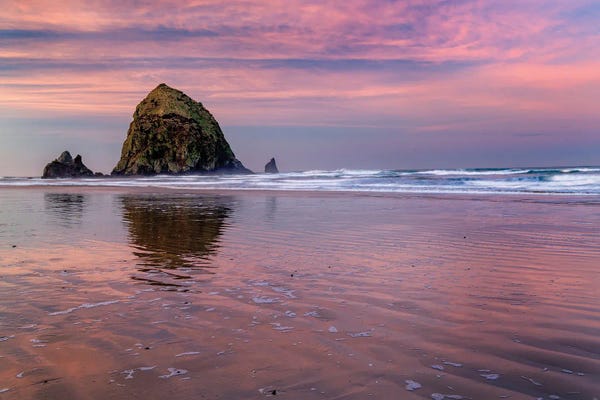 Chuck Haney: Haystack Rock At Sunrise In Cannon Beach, Oregon, USA. by Chuck Haney