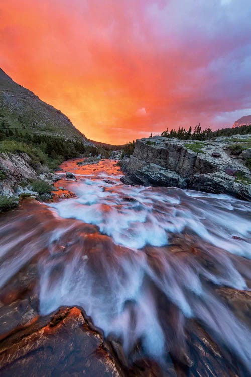 Cloudy Sunrise Over Swiftcurrent Falls, Glacier National Park, Montana, USA