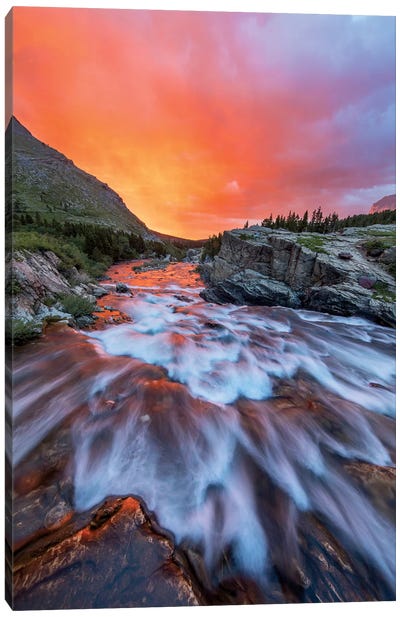 Cloudy Sunrise Over Swiftcurrent Falls, Glacier National Park, Montana, USA Canvas Art Print - Chuck Haney
