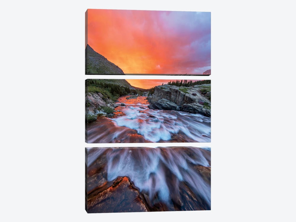 Cloudy Sunrise Over Swiftcurrent Falls, Glacier National Park, Montana, USA 3-piece Canvas Artwork