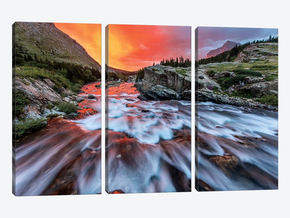 Cloudy Sunrise, Swiftcurrent Falls, Glacier National Park, Montana, USA 3-piece Canvas Art Print