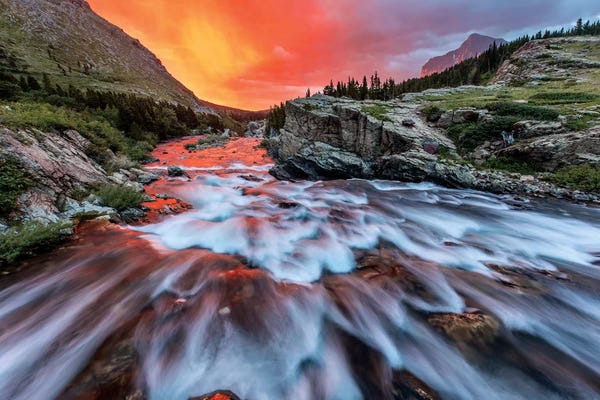 Mountain Sunrises & Sunsets: Cloudy Sunrise, Swiftcurrent Falls, Glacier National Park, Montana, USA by Chuck Haney
