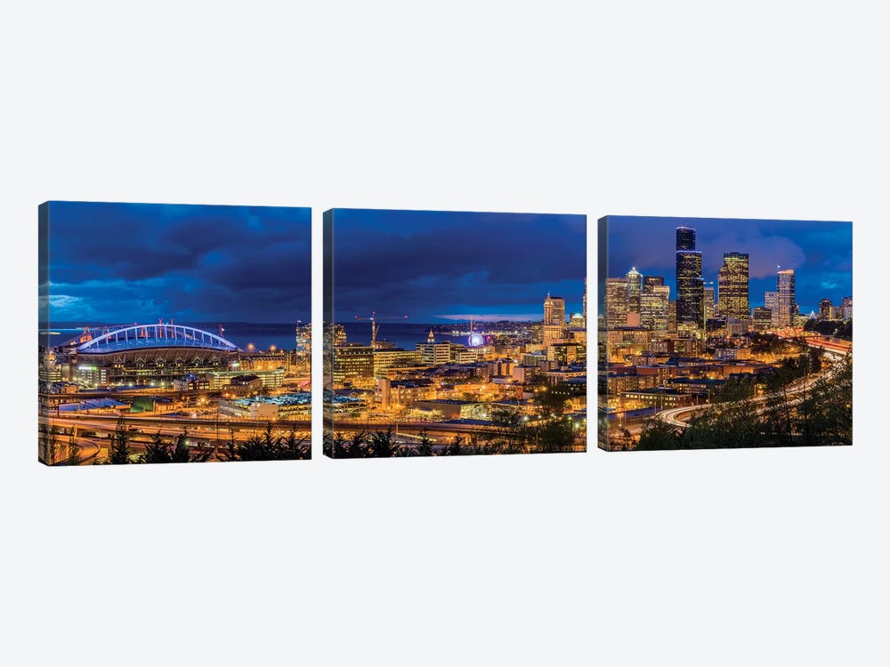 Downtown Skyline At Night, Seattle, King County, Washington, USA by Chuck Haney 3-piece Canvas Artwork