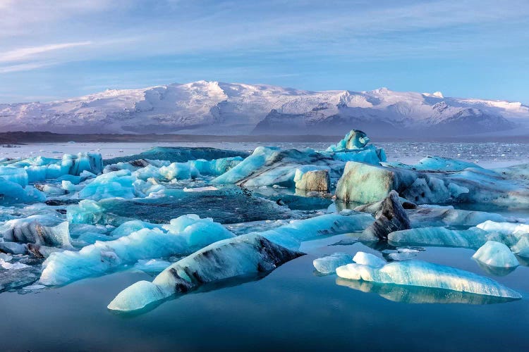 Calving icebergs in Jokulsarlon Glacier Lagoon in south Iceland