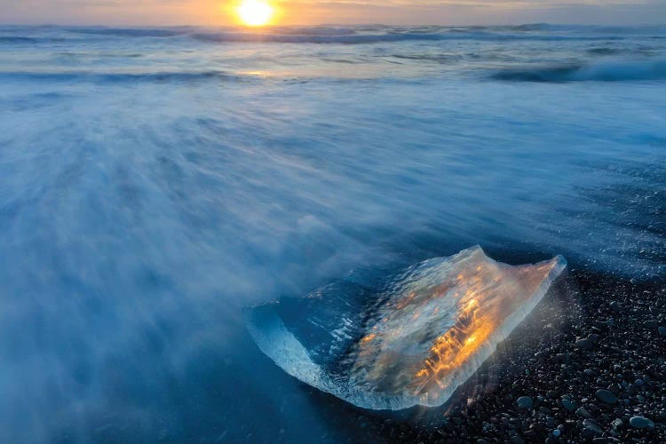 Diamond ice chards from calving icebergs on black sand beach, Jokulsarlon, south Iceland I