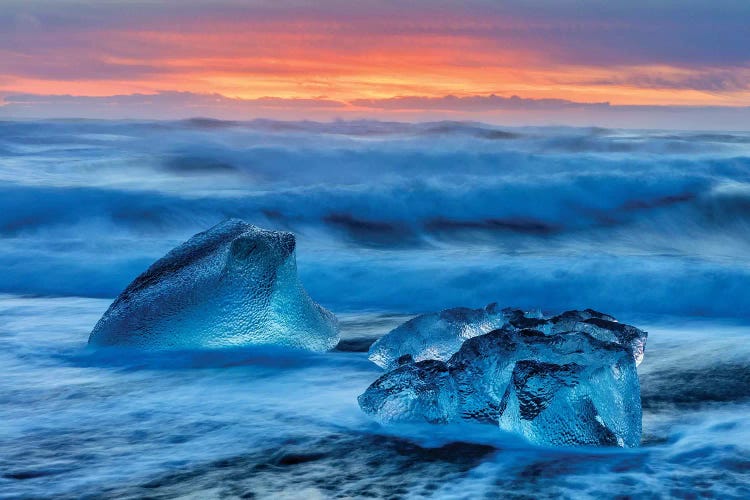 Diamond ice chards from calving icebergs on black sand beach, Jokulsarlon, south Iceland II