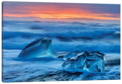 Diamond ice chards from calving icebergs on black sand beach, Jokulsarlon, south Iceland II Canvas Art Print - Iceland Art