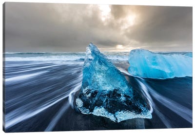 Diamond ice chards from calving icebergs on black sand beach, Jokulsarlon, south Iceland III Canvas Art Print - Iceland Art