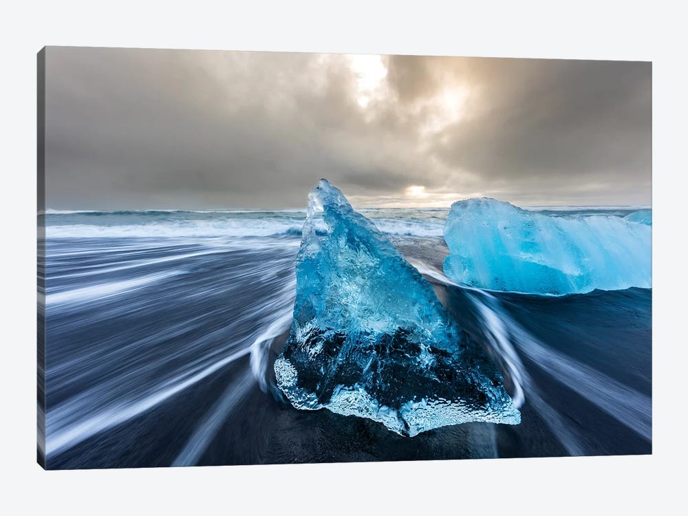 Diamond ice chards from calving icebergs on black sand beach, Jokulsarlon, south Iceland III 1-piece Canvas Wall Art