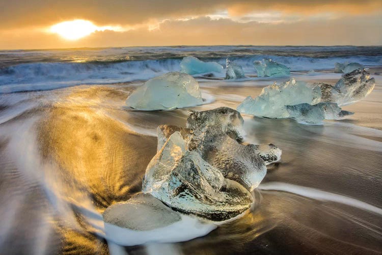 Diamond ice chards from calving icebergs on black sand beach, Jokulsarlon, south Iceland IV