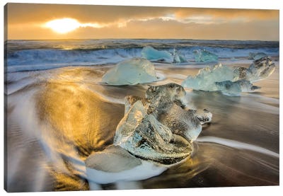 Diamond ice chards from calving icebergs on black sand beach, Jokulsarlon, south Iceland IV Canvas Art Print - Chuck Haney