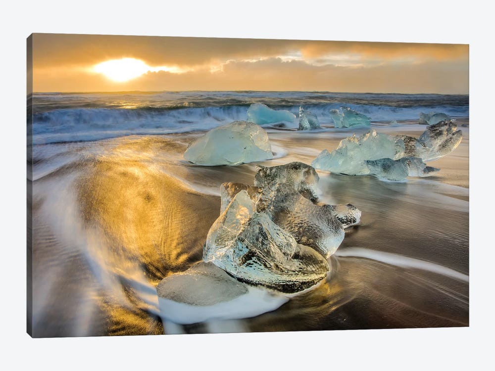 Diamond ice chards from calving icebergs on black sand beach, Jokulsarlon, south Iceland IV 1-piece Canvas Print