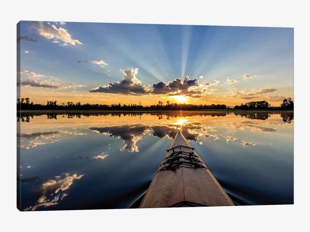 Kayaking into sunset rays on McWennger Slough, Kalispell, Montana, USA 1-piece Art Print