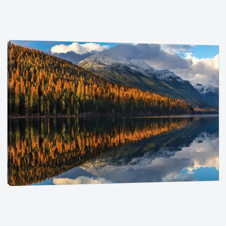 Mountain peaks reflect into Bowman Lake in autumn, Glacier National Park, Montana, USA I Canvas Print #UCK44} by Chuck Haney Art Print