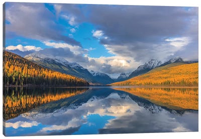 Mountain peaks reflect into Bowman Lake in autumn, Glacier National Park, Montana, USA II Canvas Art Print