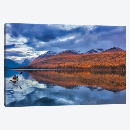 Sea kayaking on Bowman Lake in autumn in Glacier National Park, Montana, USA  Canvas Print #UCK47} by Chuck Haney Art Print