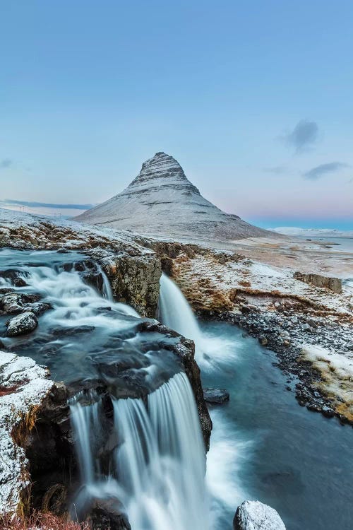 Wintry waterfall below Kirkjufell, Snaefellsnes Peninsula, Iceland