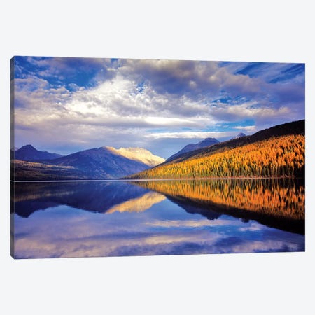 Cloudy Autumn Landscape And Its Reflection, Kintla Lake, Glacier National Park, Flathead County, Montana, USA Canvas Print #UCK6} by Chuck Haney Canvas Print