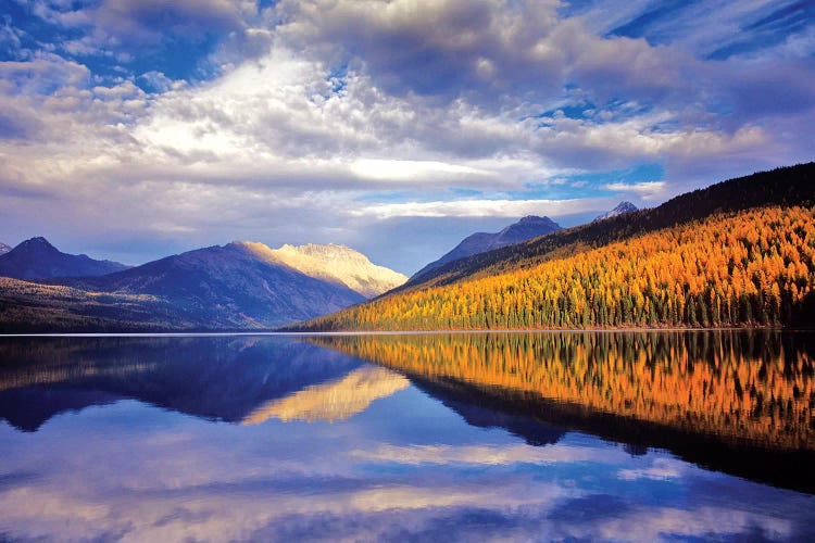 Cloudy Autumn Landscape And Its Reflection, Kintla Lake, Glacier National Park, Flathead County, Montana, USA