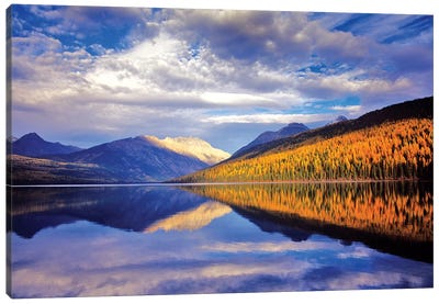 Cloudy Autumn Landscape And Its Reflection, Kintla Lake, Glacier National Park, Flathead County, Montana, USA Canvas Art Print - Chuck Haney