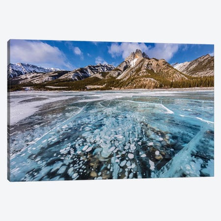 Mt. Abraham at sunrise and methane ice bubbles under clear ice on Abraham Lake, Alberta, Canada Canvas Print #UCK70} by Chuck Haney Canvas Art Print