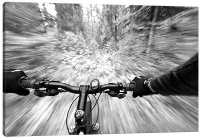 First Person Blurred Motion Mountain Biking View, West Glacier, Montana, USA Canvas Art Print - Cycling Art
