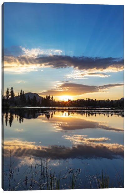 Sunrise clouds reflecting into Sprague Lake in Rocky Mountain National Park, Colorado, USA Canvas Art Print - Chuck Haney