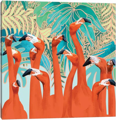 Flamingo Party Canvas Art Print - Tropical Leaf Art