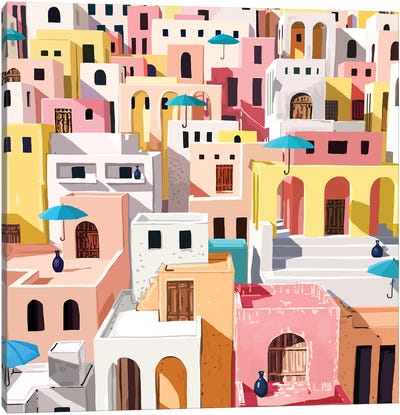 Pastel City Scape Canvas Art Print - Mediterranean Décor