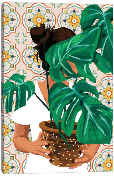 Monstera Plant Lady Canvas Art Print - Mediterranean Décor