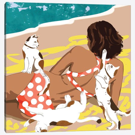 Cat Mom On The Beach Canvas Print #UMA1699} by 83 Oranges Canvas Art