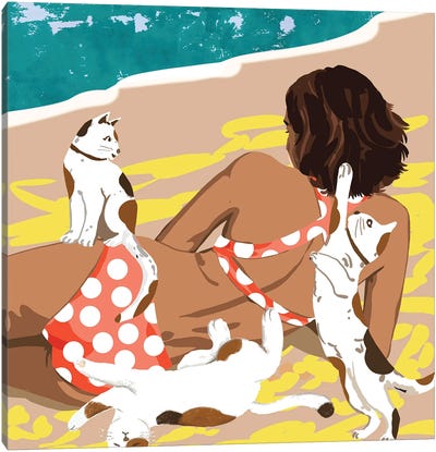 Cat Mom On The Beach Canvas Art Print - Polka Dot Patterns