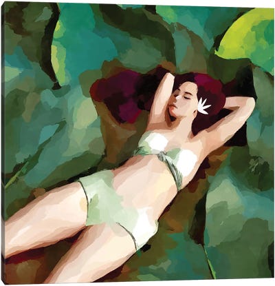 The Moment Of Peace, Girl Woman On Lotus Leaf Canvas Art Print - Women's Swimsuit & Bikini Art