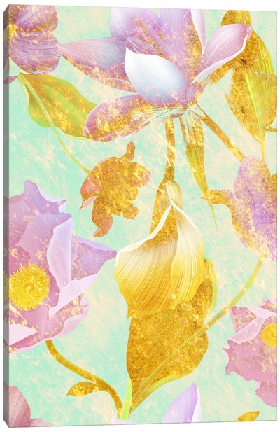 Flowers In My Dream Canvas Art Print - Gold & Pink Art