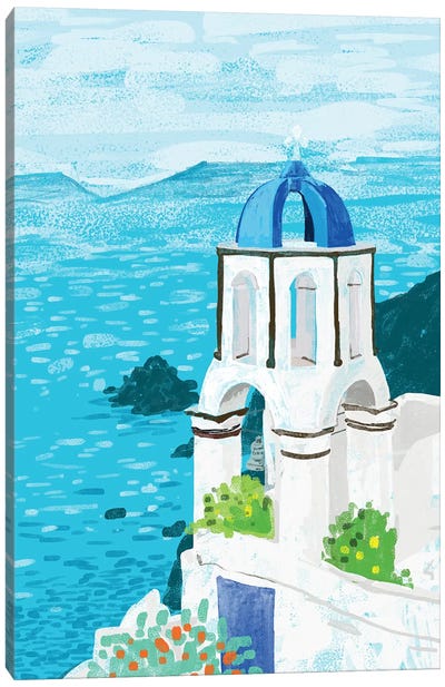 Greek Landscape Canvas Art Print - Blue Domed Church Santorini