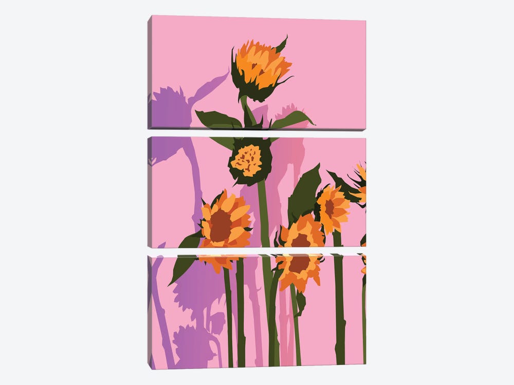 Golden Sunflowers Inside, Botanical Nature Floral Plants Painting by 83 Oranges 3-piece Canvas Print