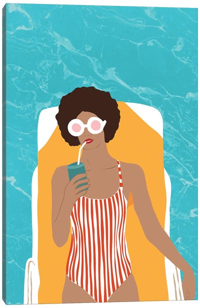 Chilling In The Moment, Eclectic Bohemian Black Woman Of Color Canvas Art Print - Swimming Pool Art
