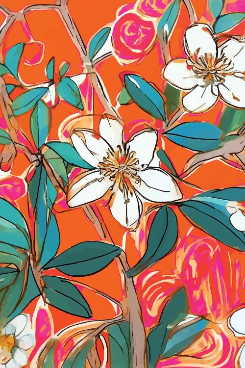 Orange Blossom Forest, Tropical Vintage Botanical Floral