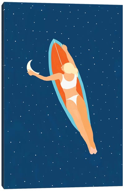 Moon Surfing Canvas Art Print - Surfing Art