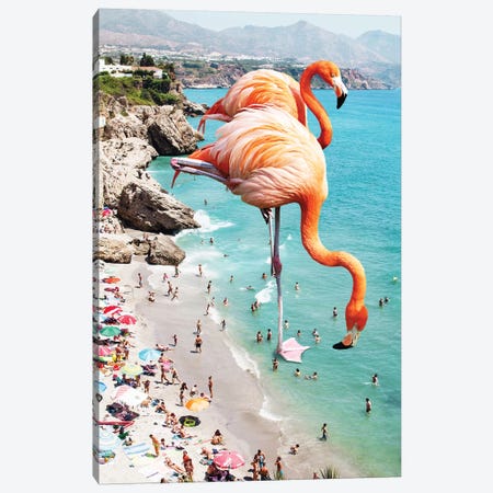 Giant Flamingos On The Beach Canvas Print #UMA32} by 83 Oranges Canvas Artwork