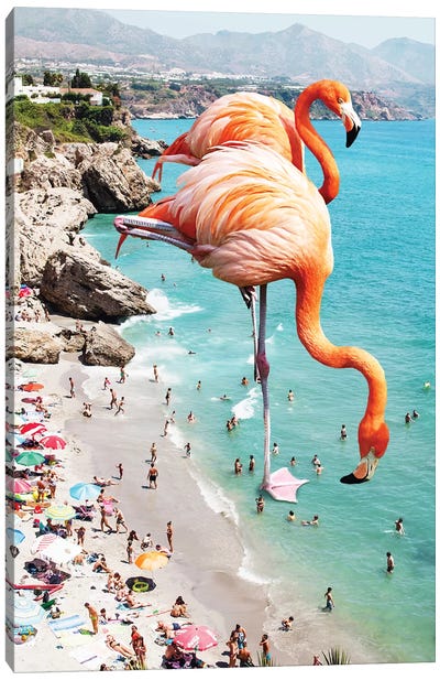 Giant Flamingos On The Beach Canvas Art Print - Beach Vibes